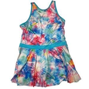 Lands’ End Swimsuit Girls Size 16 Blue Tie-Dye One Piece Swim Dress Skirted